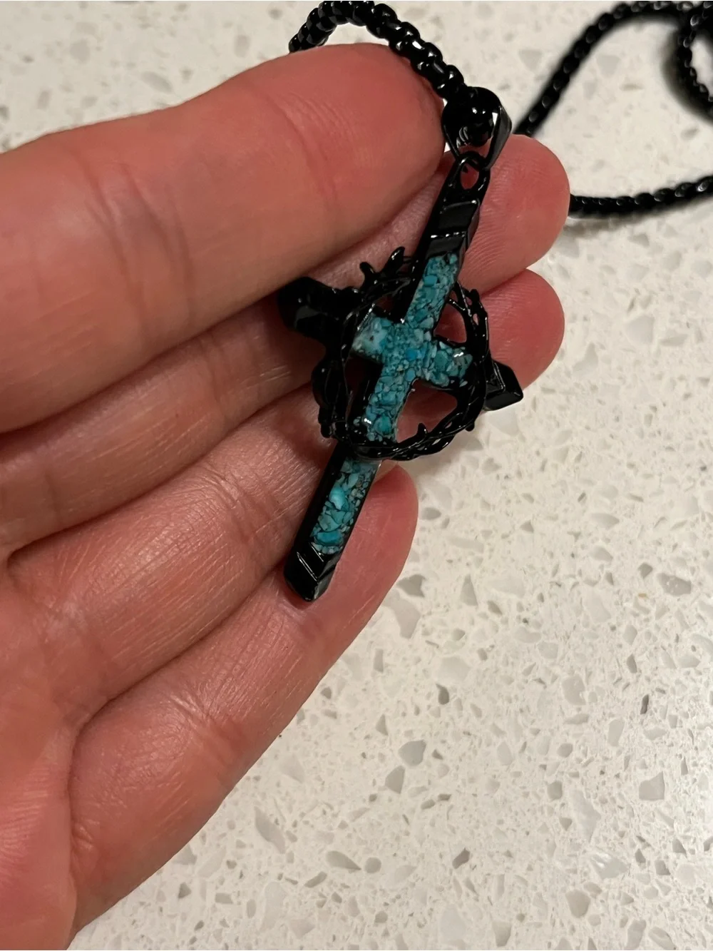 Thorn Wrapped Cross Faux Turquoise Necklace with PRINT of inlay turquoise stone